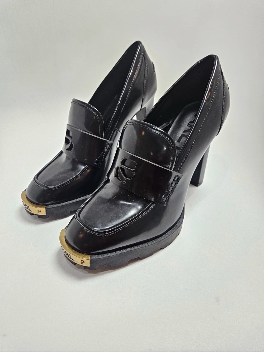 Karl Lagerfeld Black Patent Leather Loafers with Gold Toe Plate